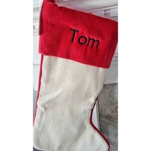 White Woven lined Christmas Stocking with Red Felt Cuff -Embroidered Name: Tom N